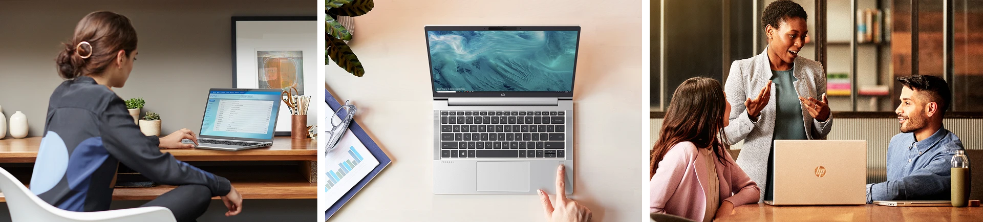 HP laptops and workplace scenes